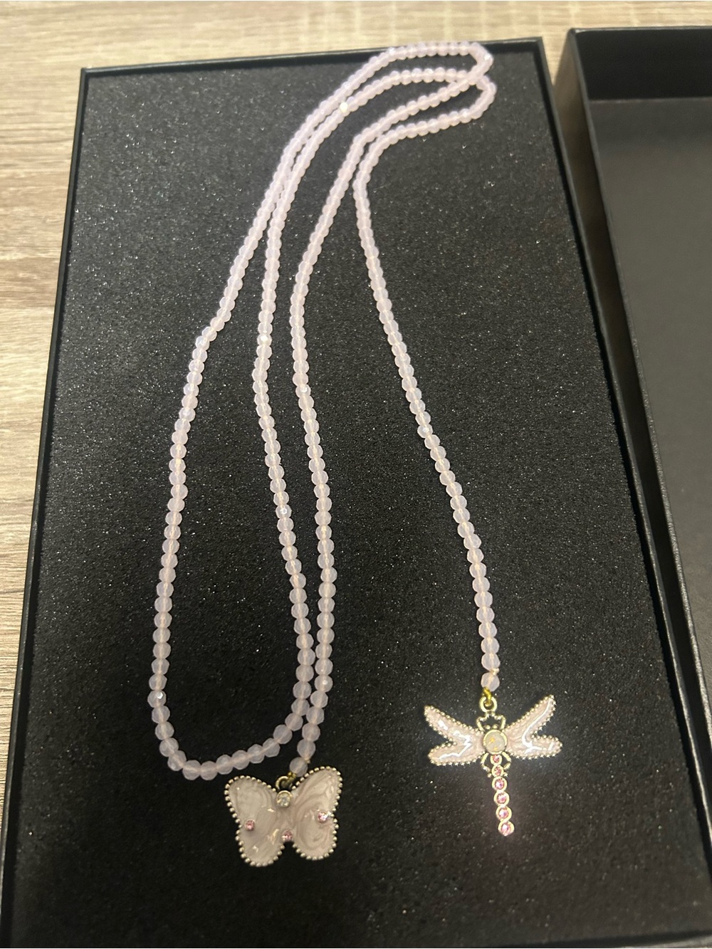 Delicate Pink Beaded enamel long wrap Necklace with Butterfly & Dragonfly Charms